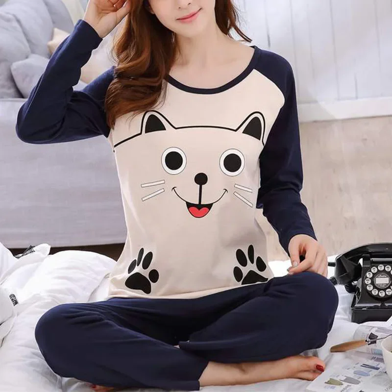 Women Pajamas Sets Spring Autumn Long Sleeve T-shirt+Pants 2Pcs Suit Ladies Cute Cartoon Sleepwear Female Casual Home Clothes