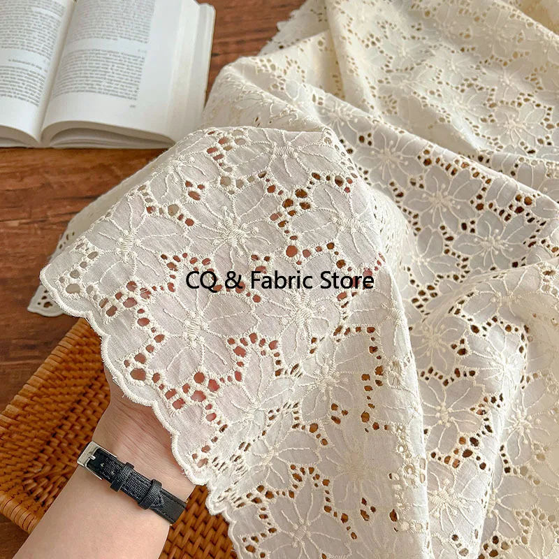 Embroidered Hollowed Out Apricot Cotton Fabric For Spring/Summer Women' Shirt Skirt Clothing DIY Tablecloth Decorative Cloth