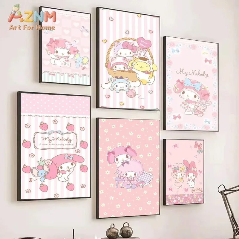 Sanrio My Melody Cute Pink Cartoon Canvas Wall Art No Frame Single Canvas Painting Poster Girls Bedroom Home Decor Art Print Pic
