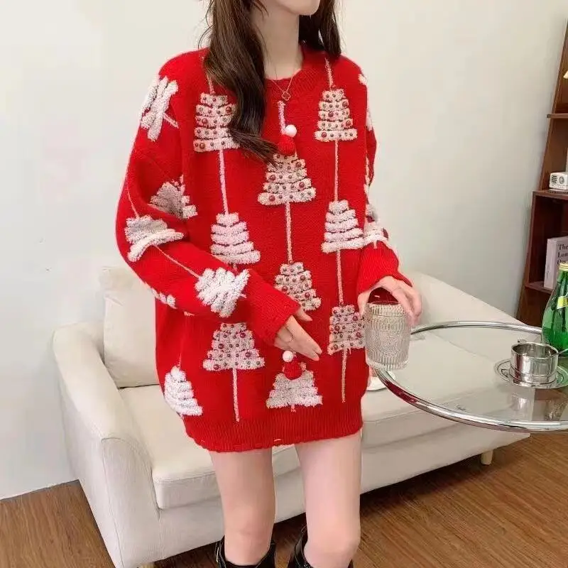 

Hot New Autumn Winter Women Fashion Versatile Christmas Red Knitted Base Sweater Stylish Lazy Style Medium Length Knittedsweater