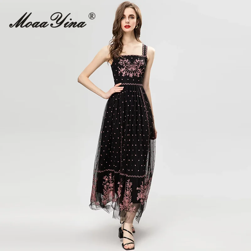 

MoaaYina Summer Fashion Runway Dress Women Vintage Polka Dot Butterfly Embroidery Net Yarn Backless Spaghetti Strap Dresses