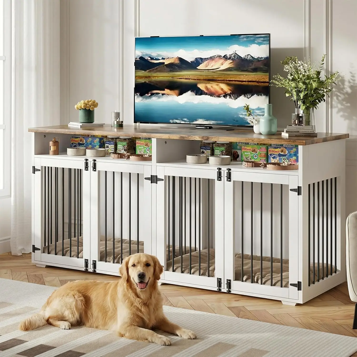 

72'' Dog Crate Furniture for 2 Dogs, Wooden Dog Cage with Storage Compartment, Indoor Dog Kennel with 4 Doors for, Customized