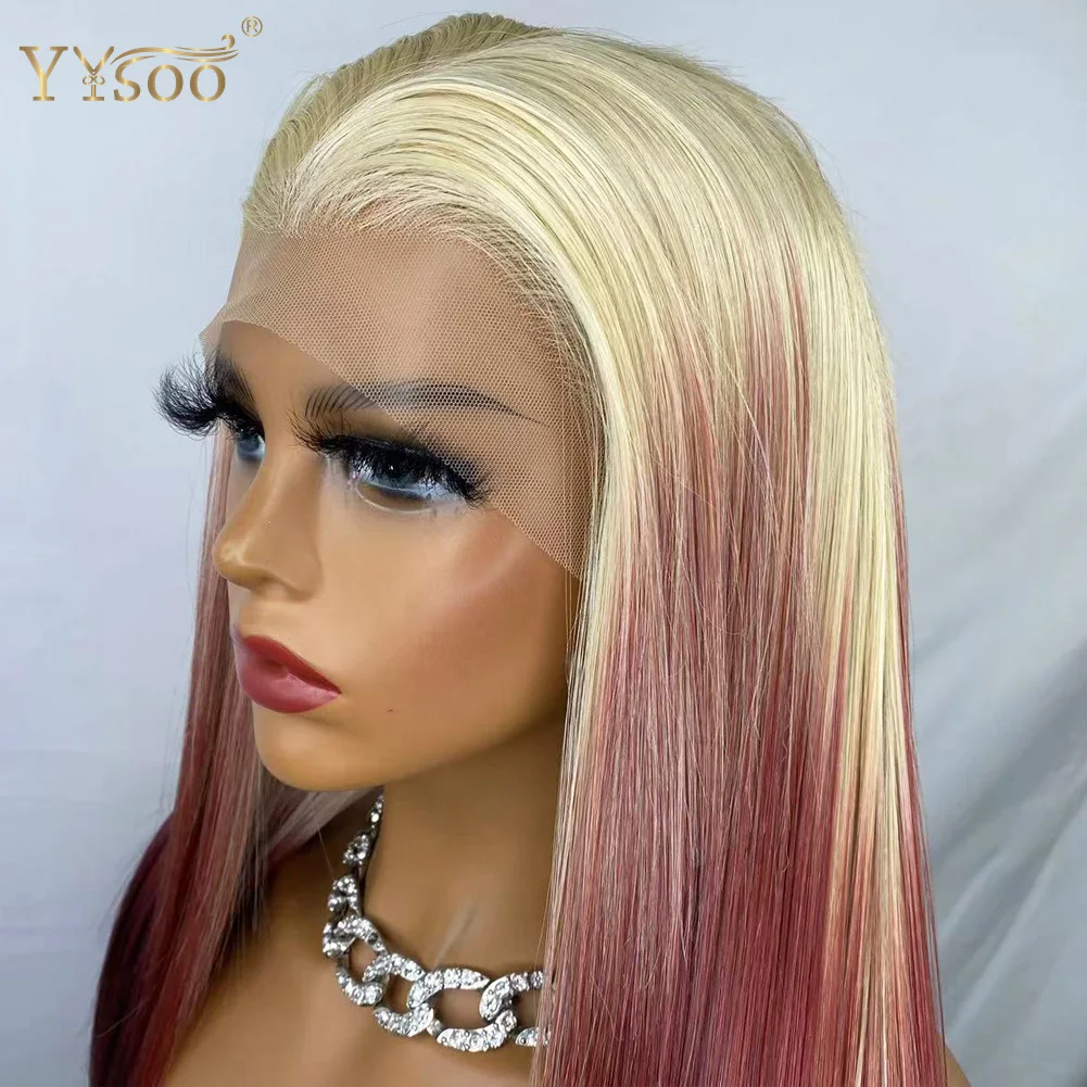 YYsoo13x4 Lange Zijdeachtige Rechte Futura Synthetische Lace Front Pruiken 613 # Ombre Rood Lijmloze Pre Geplukt Half Hand Gebonden Pruiken voor Vrouwen