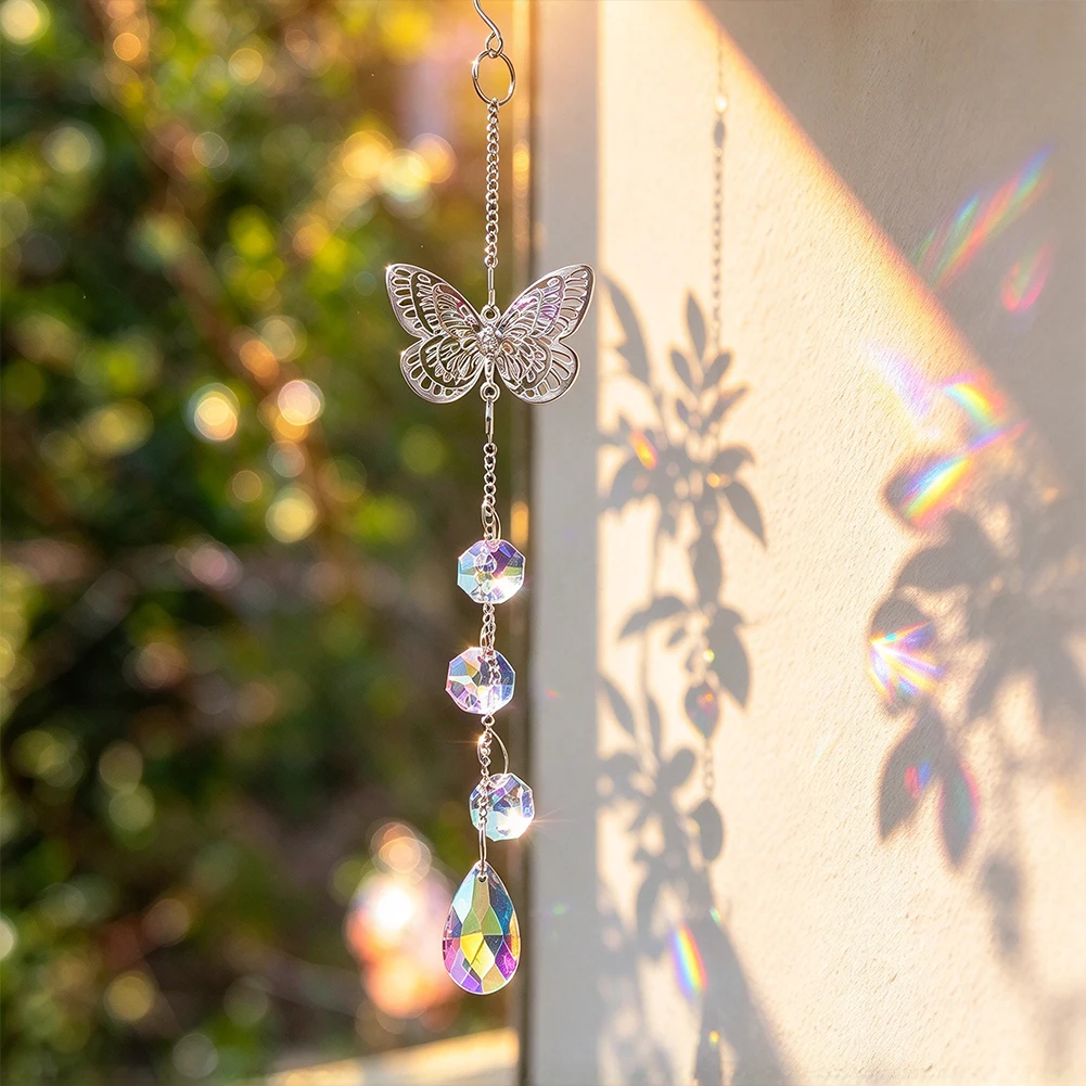 Silver Butterfly Crystal Teardrop Suncatcher Prism AB Rainbow Maker Chime Window Garden Balcony Boho Hanging Home Decor