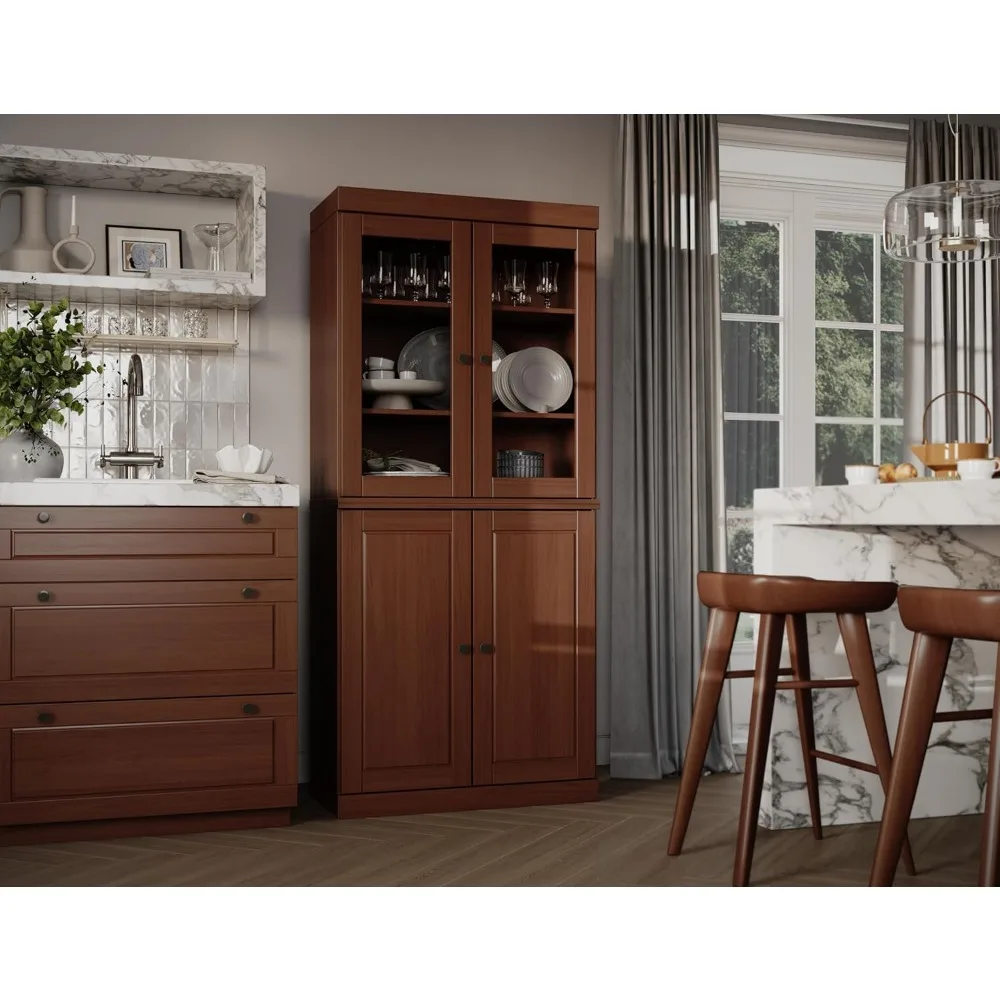 

100% Solid Wood Kitchen Pantry w/ 2 Glass & 2 Wood Doors, Mocha, 32" w x 71.5" h, Renewable Eco-Friendly Wood，Made in Brazil