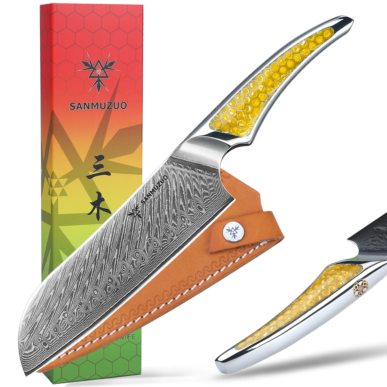 

SANMUZUO 7-дюймовый нож Santoku - серия LAS9 - Кухонный нож из дамасской стали, нарезка мяса, овощей, фруктов, легкая ручка из смолы