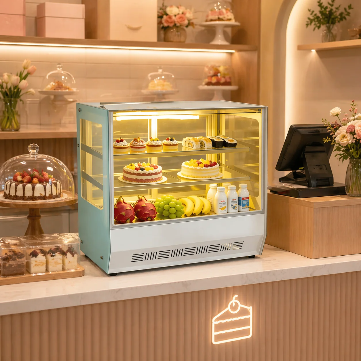 Professional Cake Display Fridge with Flat Glass, Bakery Display Refrigerator for Sushi Shop Dessert Showcase