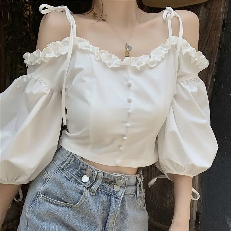 Women Clothes Summer Fashion Office Lady Simplicity Button Solid Color Sling Femme All-match Fashionable Appear Thin Ruffles Top