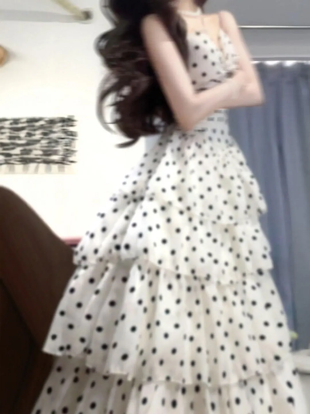 

Beachy Polka Dot Cake Skirt Unique Halter Dress Summer Vacation Style Women's Fashion Midi Dress Ruffle Hem off Shoulder