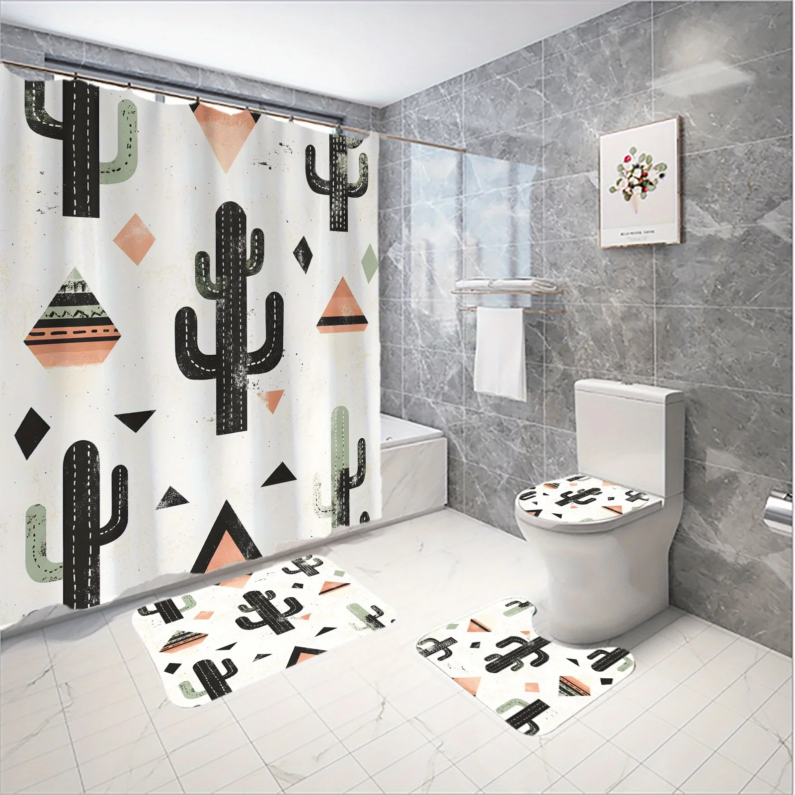 

4-piece cartoon cactus geometric pattern bathroom set, including toilet seat cover, bath mat, polyester material, and hooks.