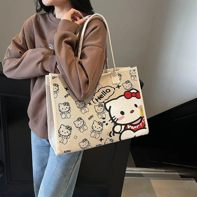 

Sanrio Hello Kitty Tote Bag Student Printing High-Capacity Commute Zipper Shoulder Bag Kawaii Cartoon New Style Birthday Present