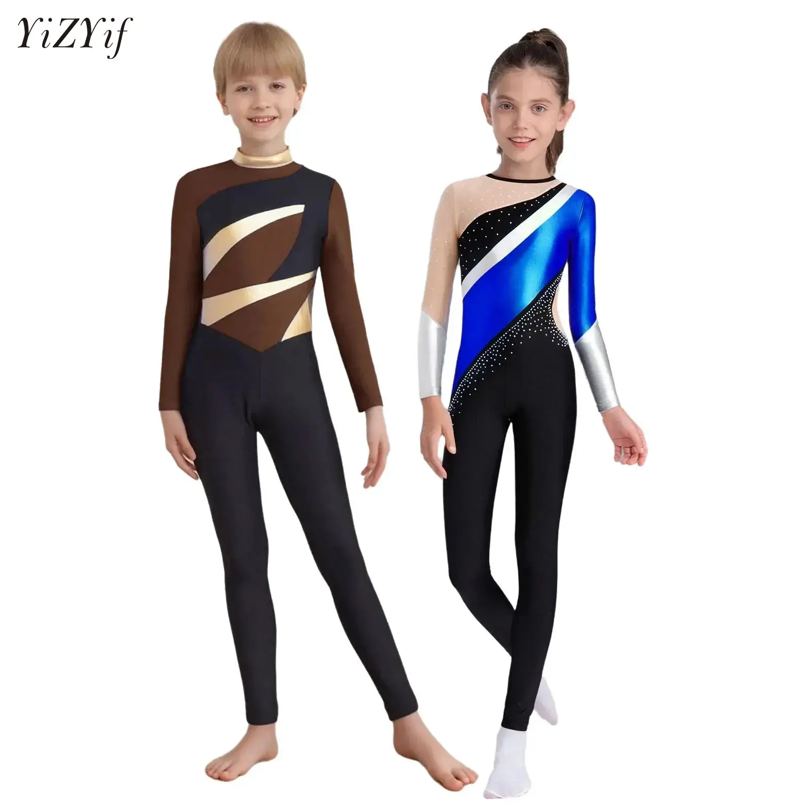 

Kids Long Sleeve Metallic Jumpsuits Ballet Dance Leotards Gymnastics Jersey Unitard for Children's Dancewear Exercise Costumes