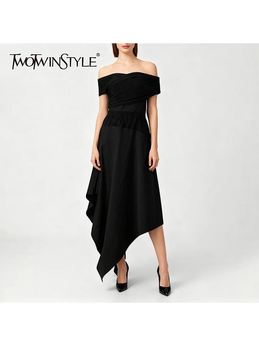 

TWOTWINSTYLE Solid Slimming Spliced Folds Irregular Dresses for Women Slash Neck Short Sleeves High Waist Fashion Dress Female