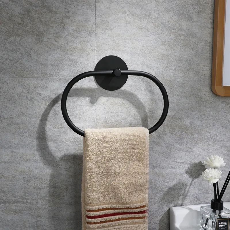 Stainless Steel Towel Holder Self-adhesive Bathroom Towels Rack Black Washhand Hanger Ring Rail Bar Kitchen Storage Accessories