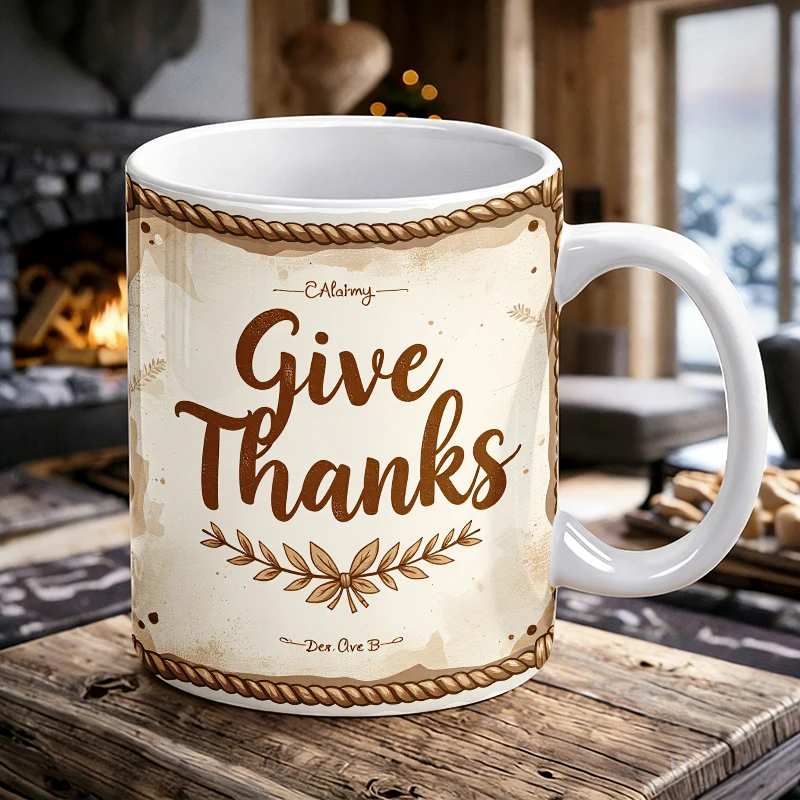 

11 oz 'Give Thanks' wreath ceramic mug with handle, full-pattern coffee mug, insulated milk cup,office water cup, fade-resistant