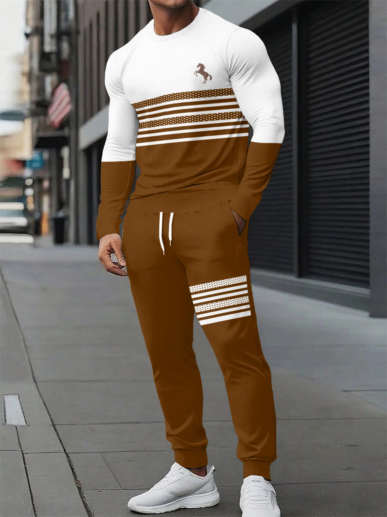 

Men's suit sportswear striped printed long sleeved T-shirt, fashionable men's pullover, casual sports pants set