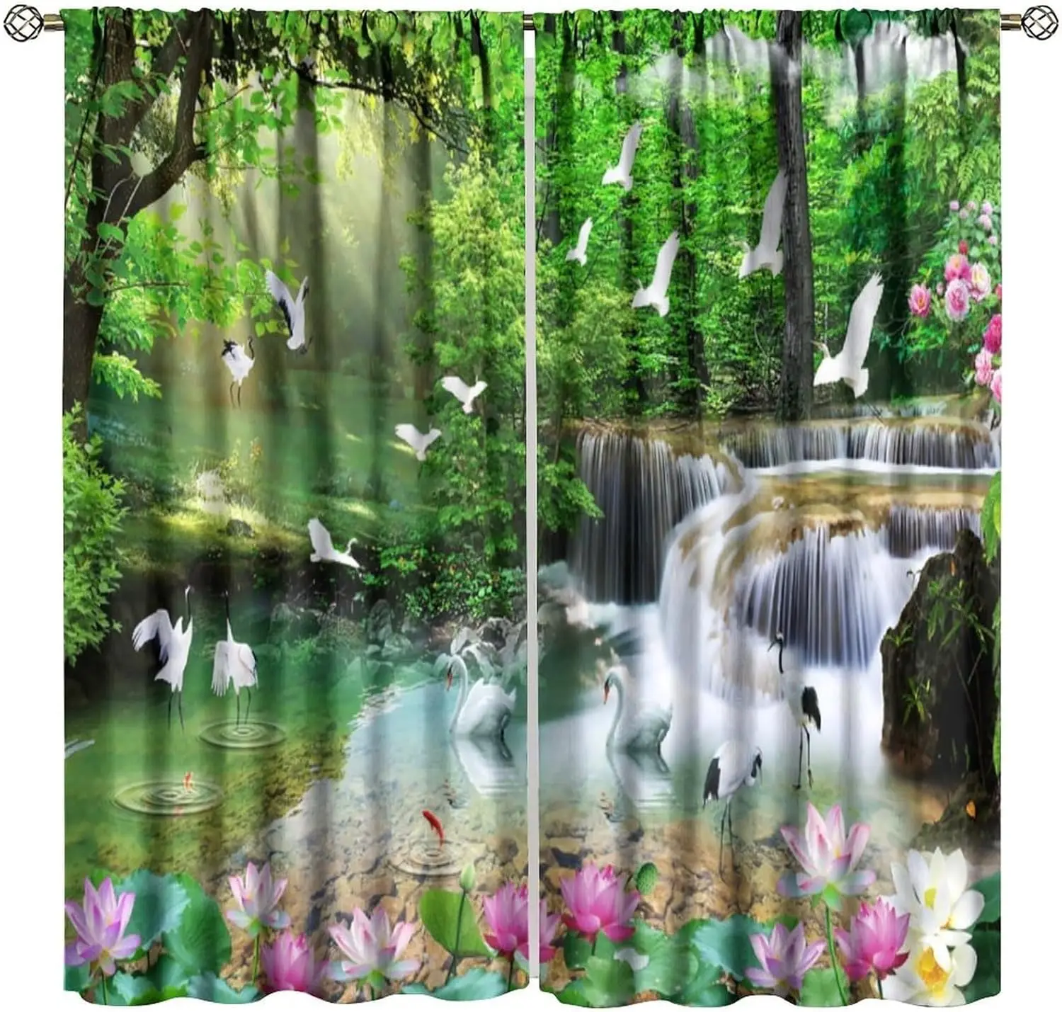Nature Blackout Curtain, Waterfall Landscape Forest Swan Fish Pattern Rod Pocket Window Drapes, for Bedroom Living Room