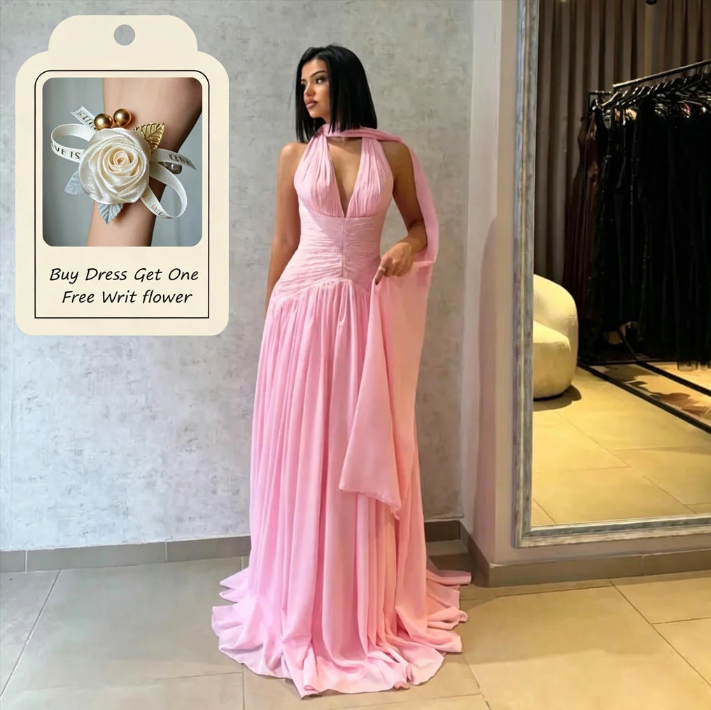

Eightale 2026 Pink A Line Chiffon Maxi Evening Dress With Wrap Saudi Arabic Prom Dress Dubai Party Gown Customized