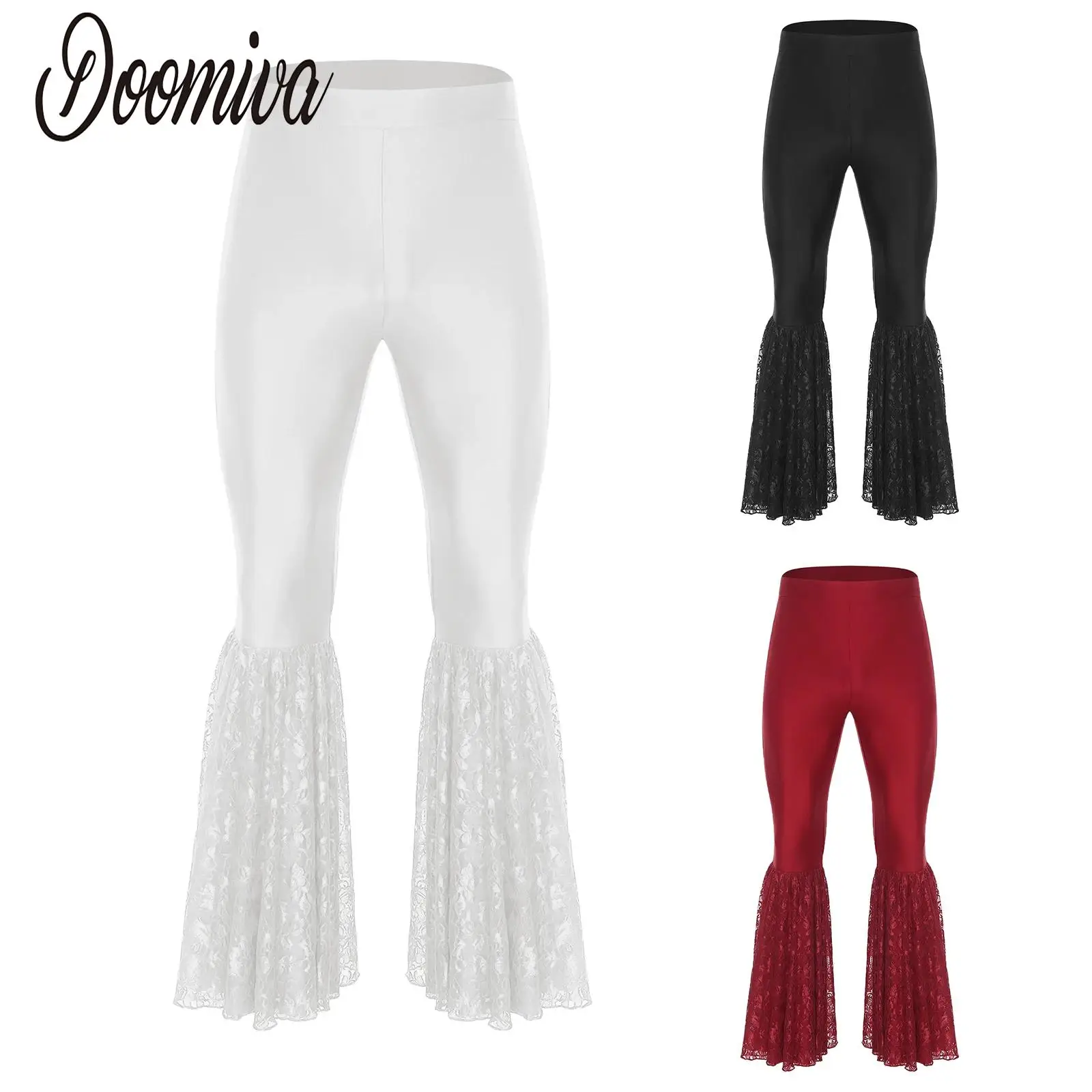 

Men Ballroom Jazz Pants Disco Latin Tango Dance Costume Lace Patchwork Bell-Bottom Flared Long Pants Elastic Waistband Trousers
