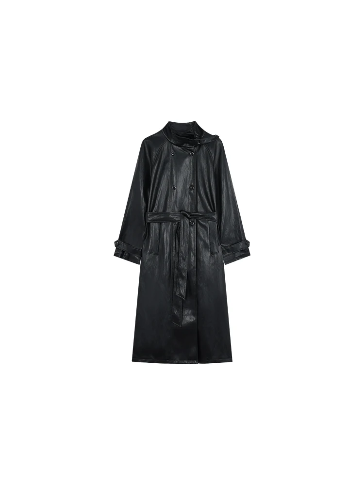 Casaco Feminino Longo de Couro PU Estilo Retrô com Gola Dobrável para Outono e Inverno - Agasalho Sazonal