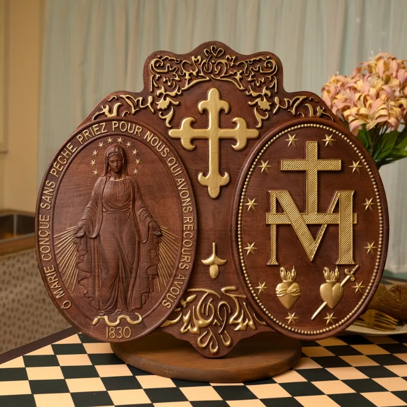 

Religious Miracle Medal Virgin Mary Catholic Home Wall Hanging Wooden Decor