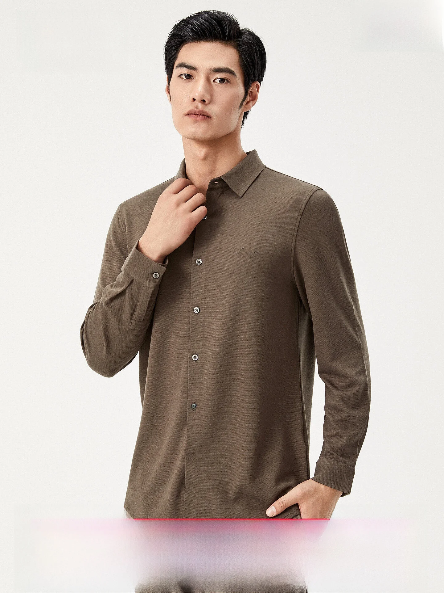Cashmere Long Sleeve Shirt Men's Casual Pure Color Inner Youth Logo Embroidery Shirt Spring Autumn Season Standard Fit Busine...