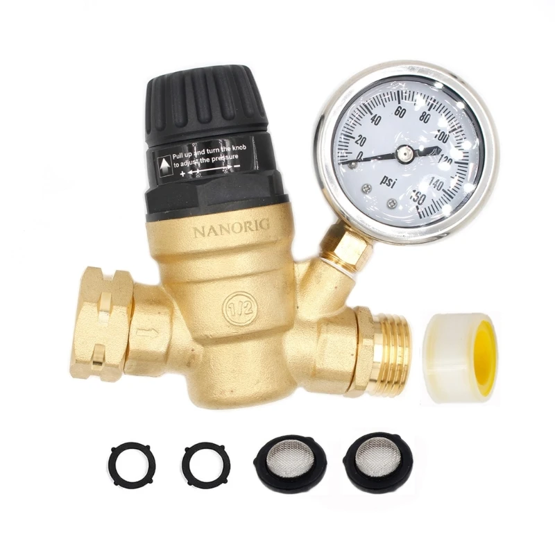 

H37E RVWater Pressure RegulatorValve Water Pressure Reducer Handle Adjustable with Gauge 160PSI & 2 Inlet Screened Filters