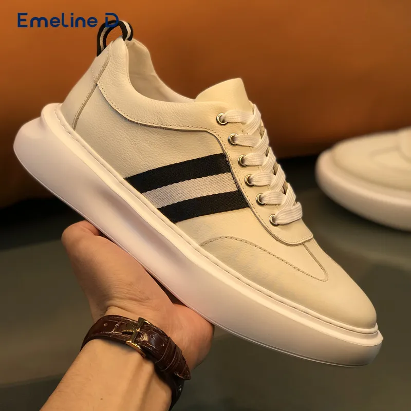 Thick-Soled Black and White Color Matching Casual Shoes Soft Leather Comfortable Lace-Up Sneakers Fashionable Trend Men's Shoes