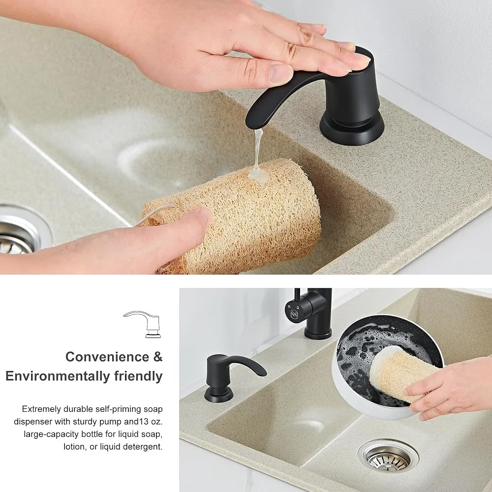 Matte Black Kitchen Sink Soap Dispenser Built in Refill Top Easy Install Liquid Lotion Detergent Multiuse Cylindrical Design