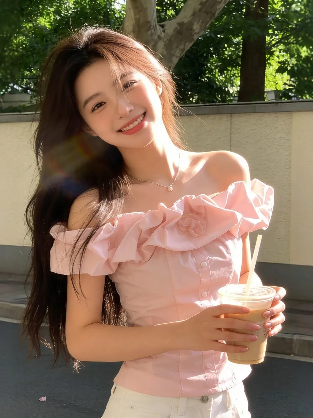 

Pink Gentle Shoulder Bared Cloud Bud Short Sleeve Shirt Women Summer Sweet Waist Cinched Pleated Short Length Bared Shoulder Top