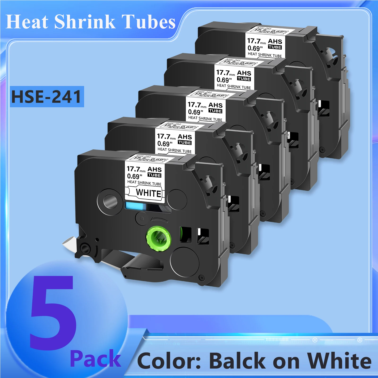 

5PK Heat Shrink Tubes Compatible Brother 17.7mm Hse-241 Label Tape Black on White Cartridge Cassette For P-Touch Label Printers