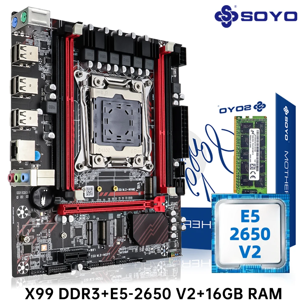 

SOYO X99 Motherboard Set Kit With Intel LGA2011-3 Xeon E5 2650 V2 CPU DDR3 1*16GB ECC RAM Memory M.2 NVME For Gaming Computer
