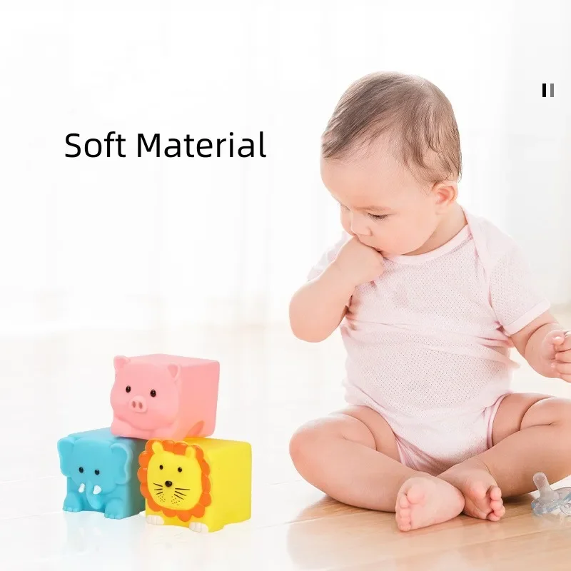 Cute Animals Blocks Toy Silicone Toys Rubber Months Cube 3D Sensory Kids Bath Touch 6 Pcs Grasp Stacking