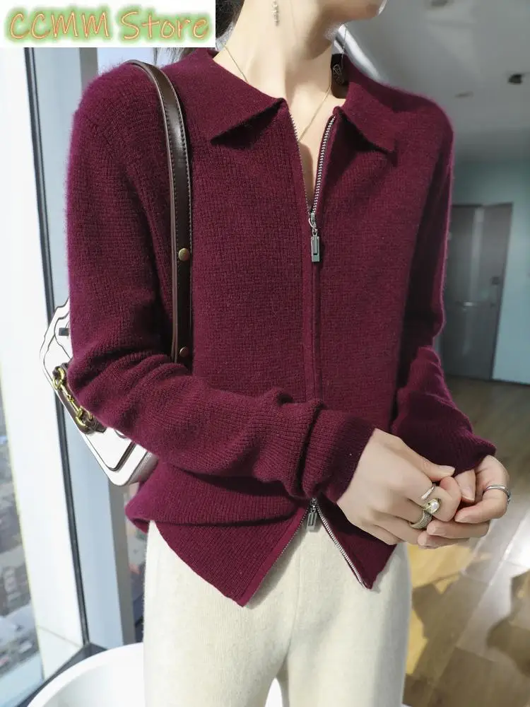 

Autumn Winter Women Zipper Cashmere Cardigan POLO Collar Casual Sweater 70% Merino Wool and 30% Goat Cashmre Knitwear Female Co