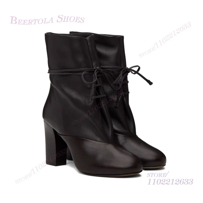 

Matte Leather Black Lace Loose Short Chunky Heel Calf Boots Women Winter Fashion Round Toe Casual Style. Pleated Patchwork Shoes