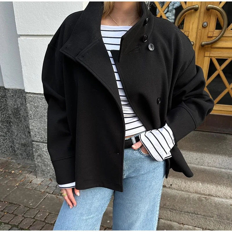 Vintage Stand Collar Short Jacket For Women Long Sleeve Single Breasted Coat 2025 Autumn Chic Fashion Lady Streetwear Outerwears