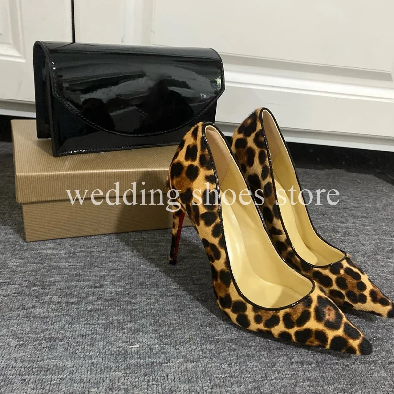 Leopard Print Pointed Toe High Heels Bag Patent Leather Shallow Mouth Genuine Leather Luxury Wedding Single Shoes Bag for Women