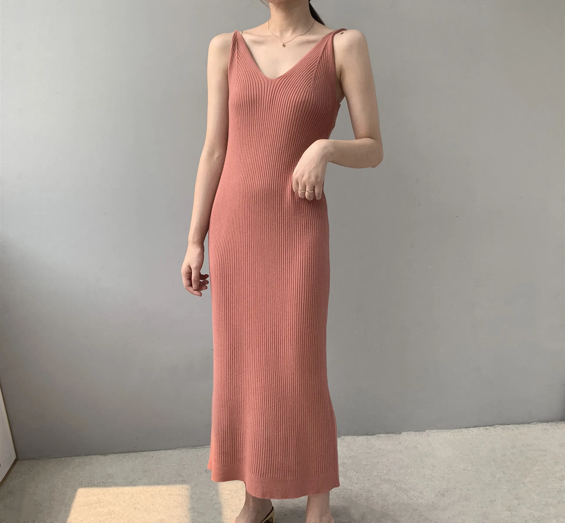 2024 Women Sexy V-Neck Sleeveless Long Dress Solid Color Knitted Material High Stretch   Bodycon Long Sweater Dress Vestidos