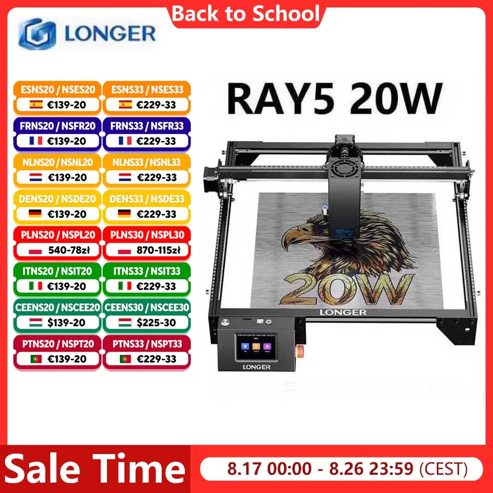 LONGER RAY5 20W Lasergravierer Touchscreen 32-Bit-Chipsatz WIFI 0,08 * 0,1 mm Laser-Punkt-Gravur-Schneidemaschinenbereich 375 * 375 mm