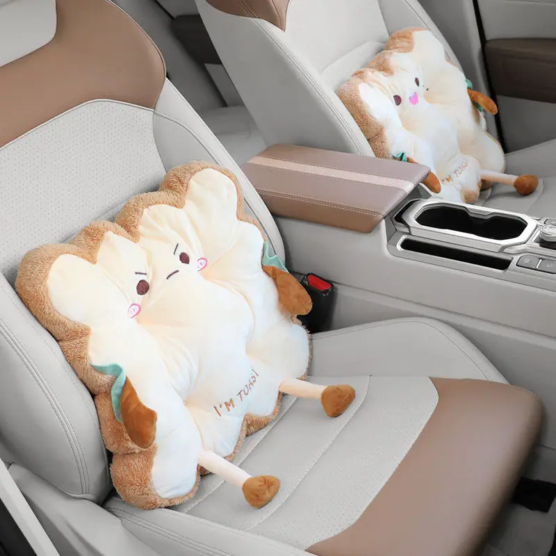 Cute Toast Plush Car Lumbar Support Pillow Kawaii Cartoon Bread Waist Cushion Soft Backrest Pillow for Car Seat Office Chair