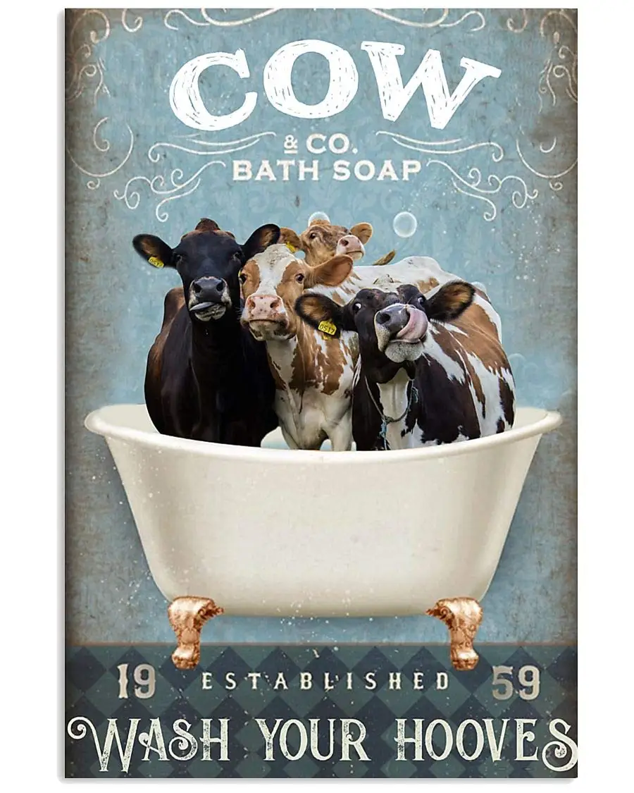 Bathroom Cow Bath Signs Wash Your Hooves Poster Funny Metal Tin Sign Toilet Shower Room House Retro Vintage Tin Sign 12x8 Inches