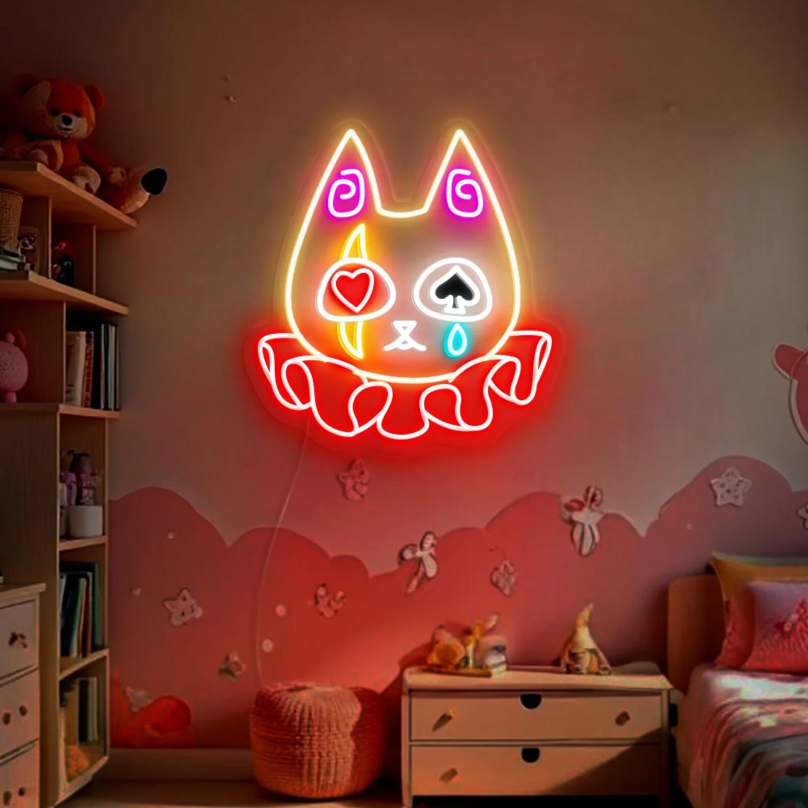 Clown Cat Neon Sign, Clown LED Wall Decor, Cute Animals Cat Neon Sign, Aesthetic Room Decor, Cat Lover Gift, Pet Lover Wall Deco