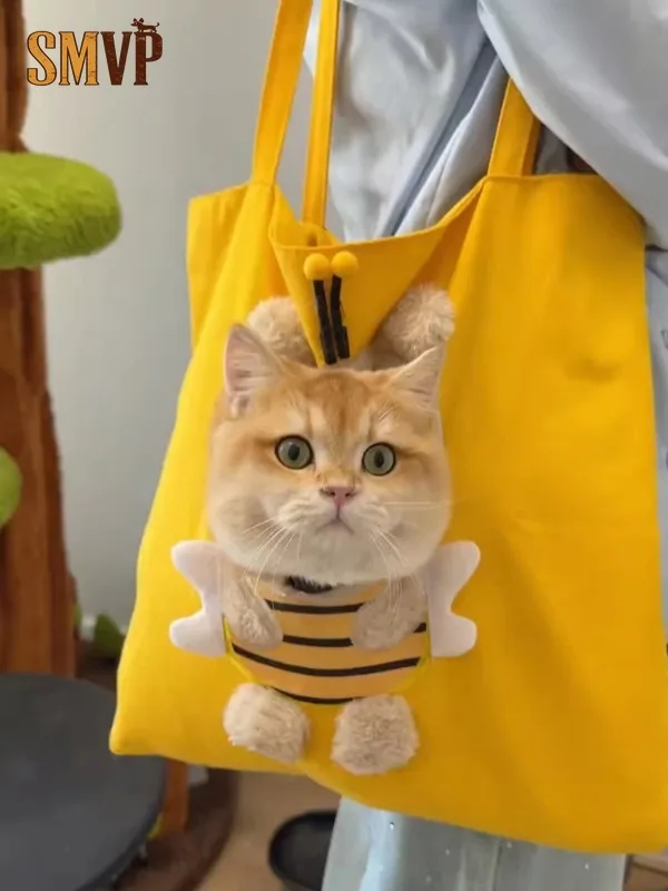 

Желтая сумка-переноска для кошек Little Bee: дышащая, из холщовой ткани, для прогулок, предотвращает стресс у кошек, портативная сумка-рюкзак для домашних животных