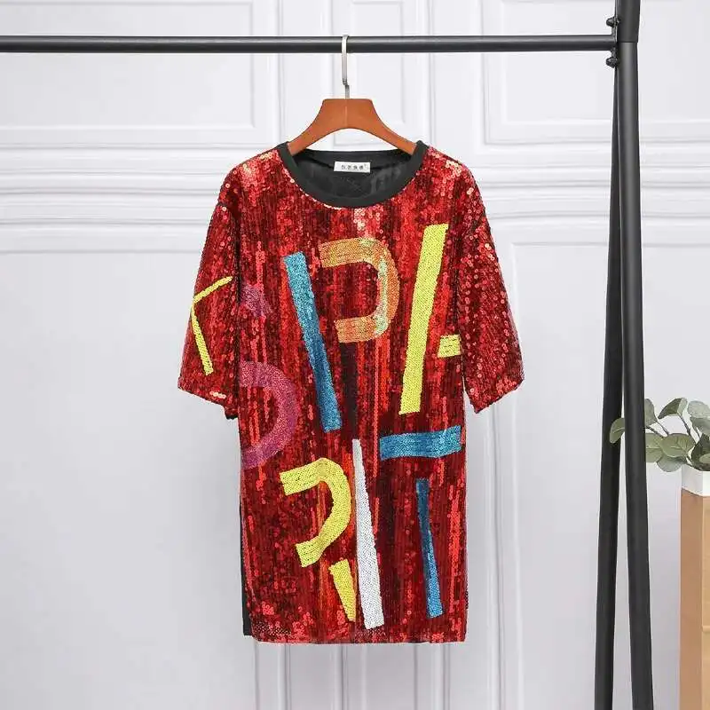 #0206 Summer Long T Shirt Women Loose O-neck Streetwear Sequined T Shirt Short Sleeve Split Joint Hip Hop T-shirt Femme Letters