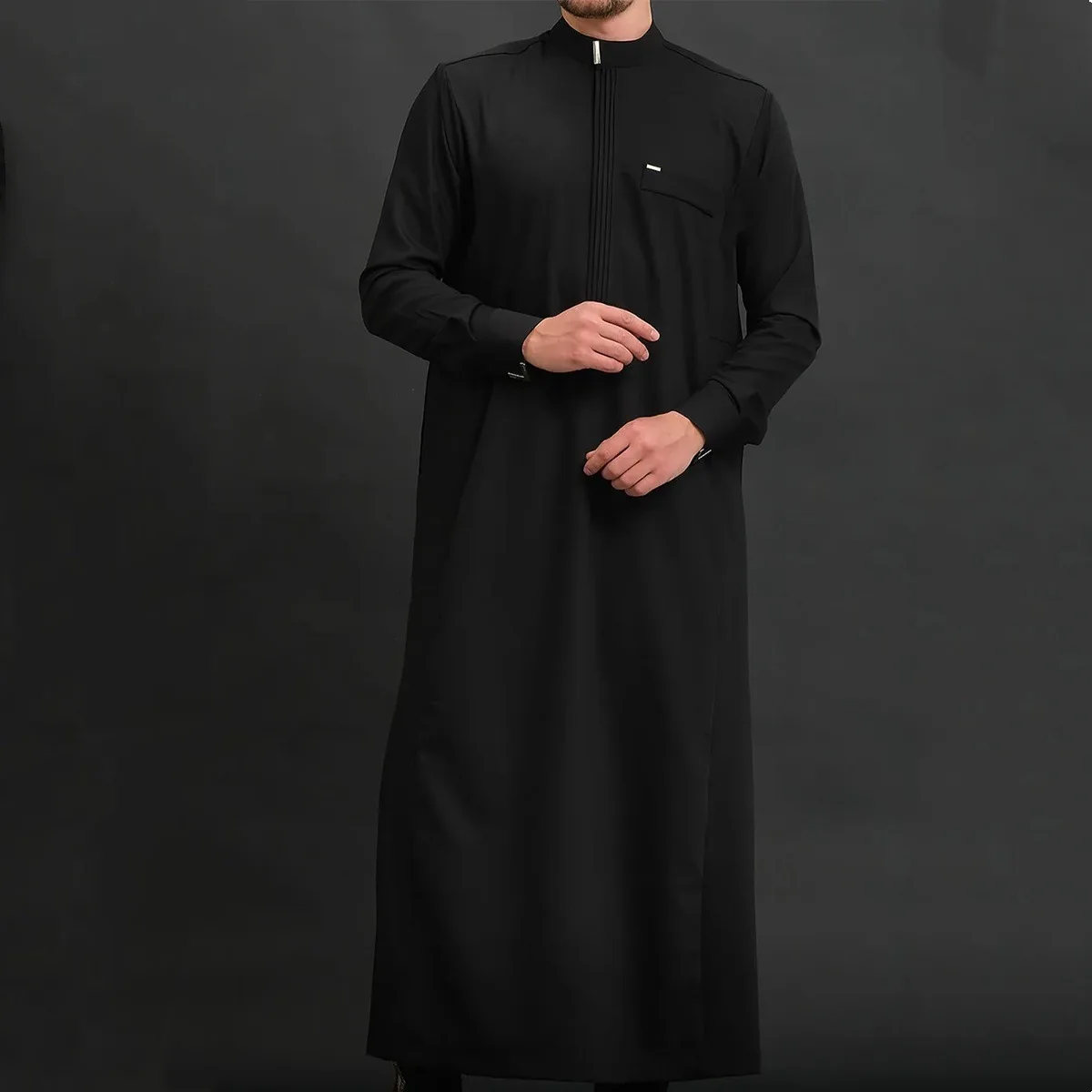 Dubai Turkey Muslim Men Kaftan Robe Solid Color Loose Small Stand Collar Design Thobe 927-104 Ramadan Dubai Luxury Islam Elegant