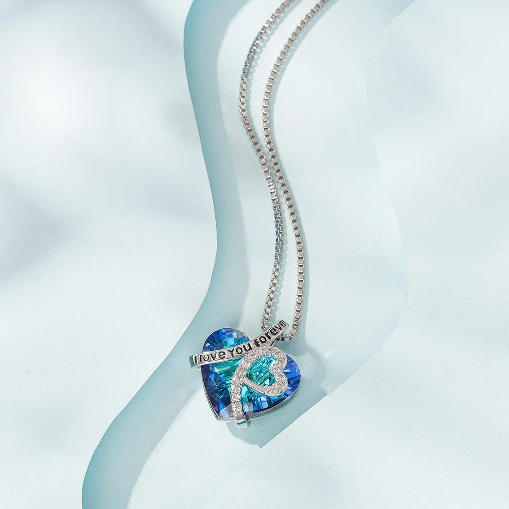 قلادة على شكل قلب دائم من الفضة الإسترليني عيار 925 للنساء مجوهرات راقية رائعة من الكريستال الأزرق للأبد هدية ساحرة للولايات المتحدة الأمريكية #4