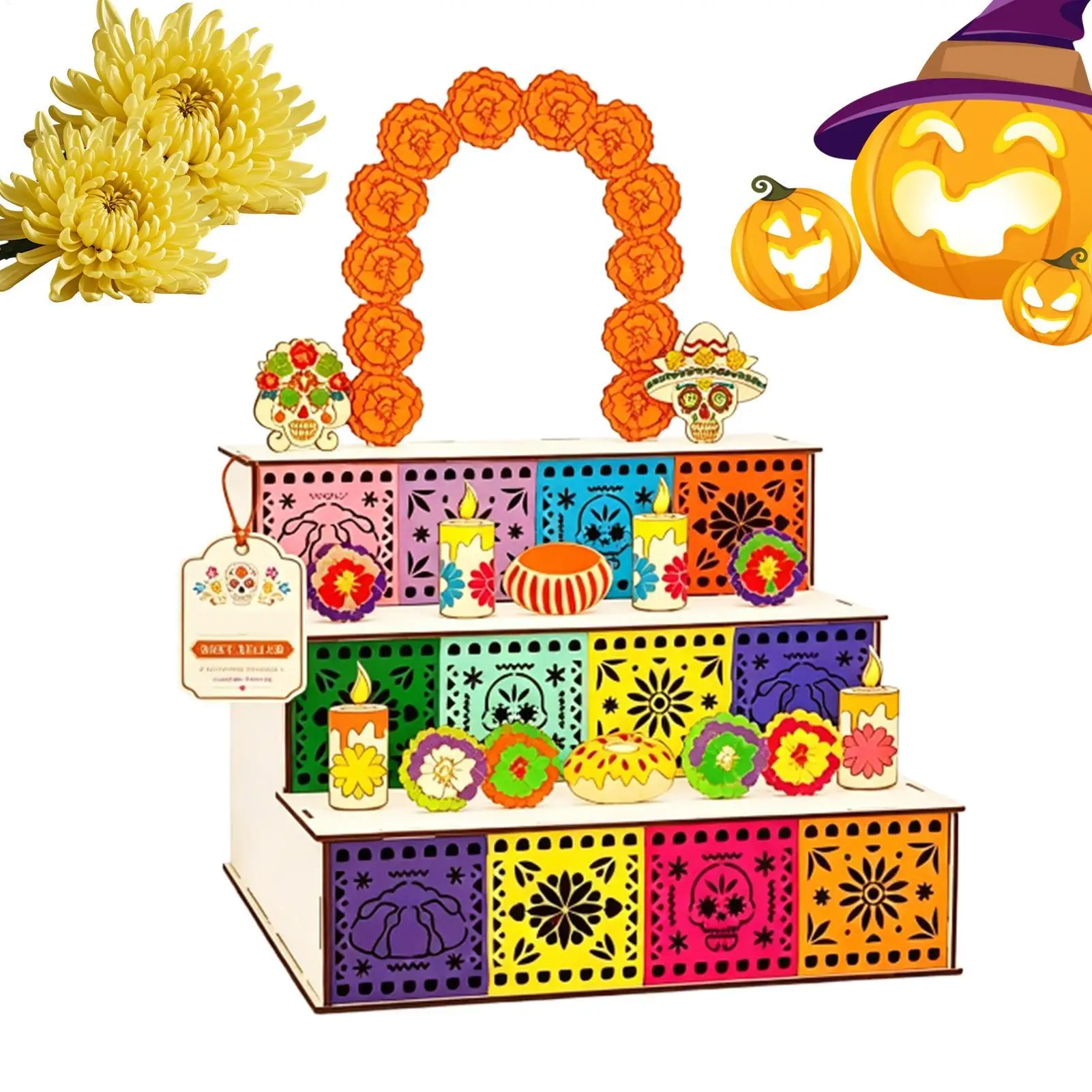 Day of the Dead Altar Kit Wooden 3-Tier Seasonal Decoration Day of the Dead Decorations for Buddhists Practitioners Wiccans