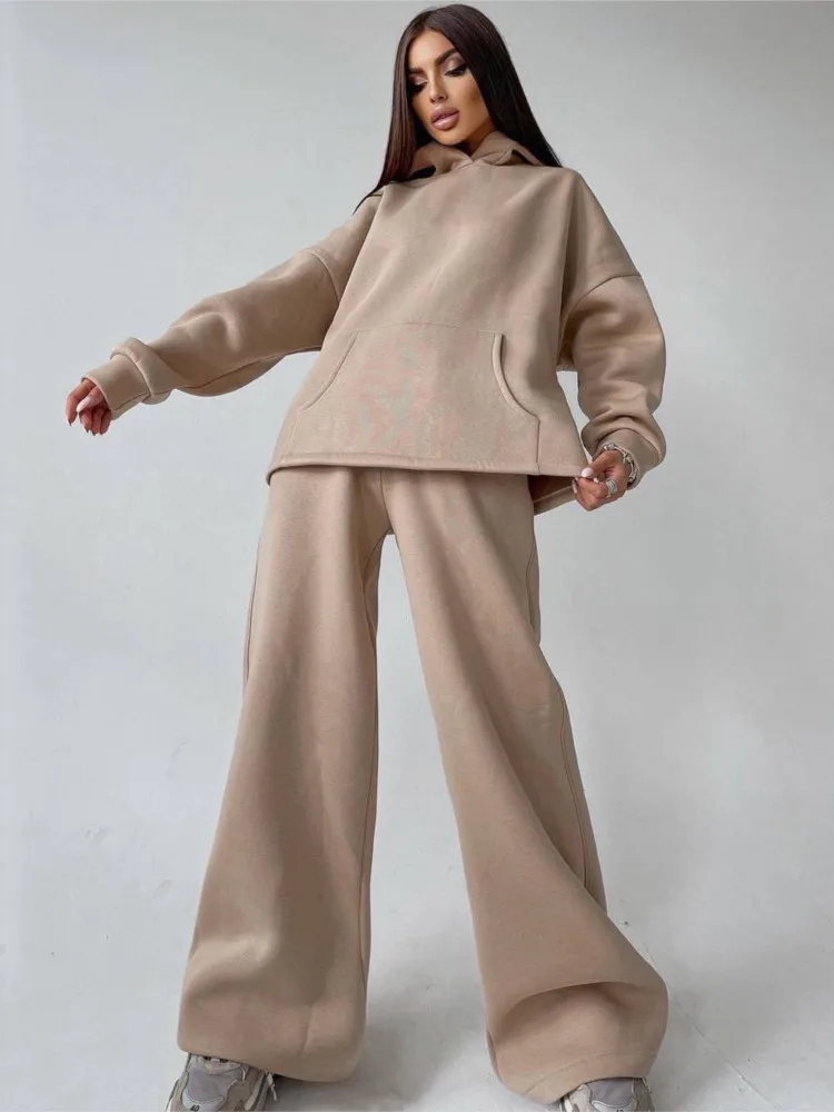

Fashion Hooded Long-sleeved Sweatshirt + Wide-leg Pants 2-piece Set For Women Autumn Solid Color Loose Casual Sports Suit Female