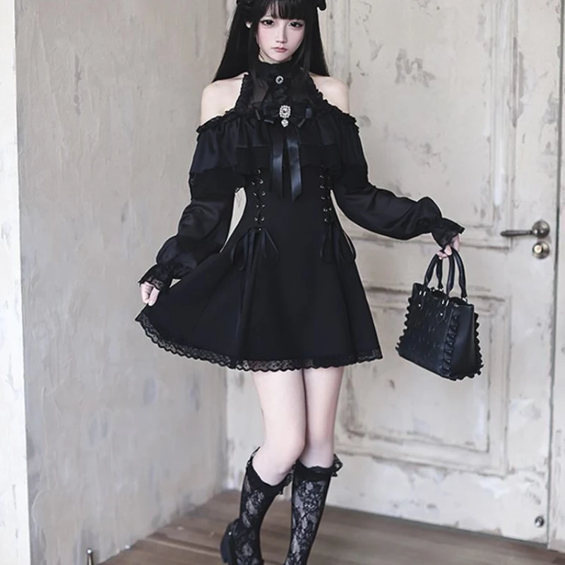 Japanese Dark Gothic Lolita Style Dress Women Bow Lace Halter Neck Off Shoulder Long Sleeves Dress Y2k Evening Party Mini Dress