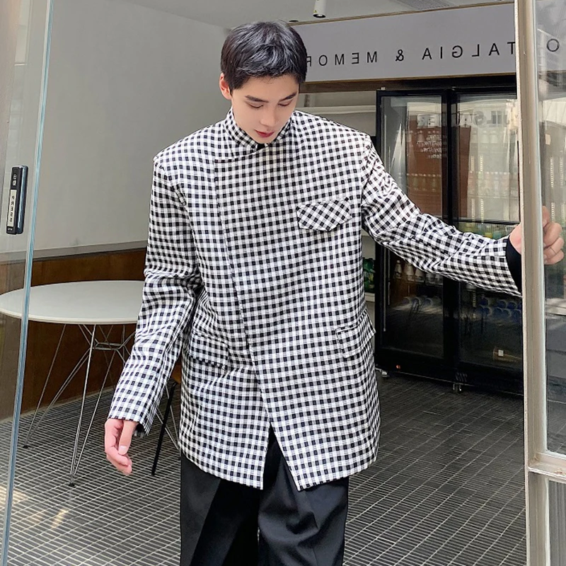 LUZHEN Plaid Printed Asymmetric Placket Slim Blazer Coat Men New Fashion Handsome Elegant Casual Male 2026 Autumn Jacket JY9545